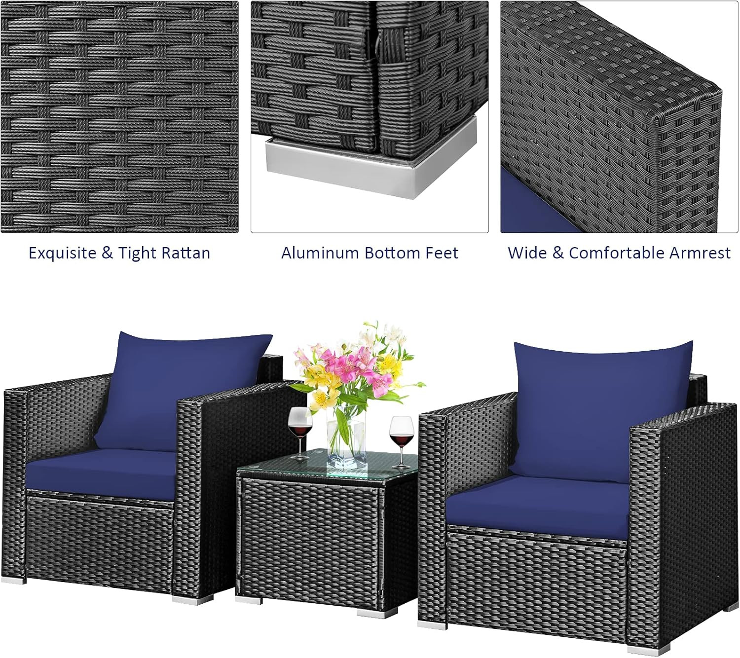 Navy Blue 3-Piece Patio Furniture Set with Cushions & Glass Tabletop