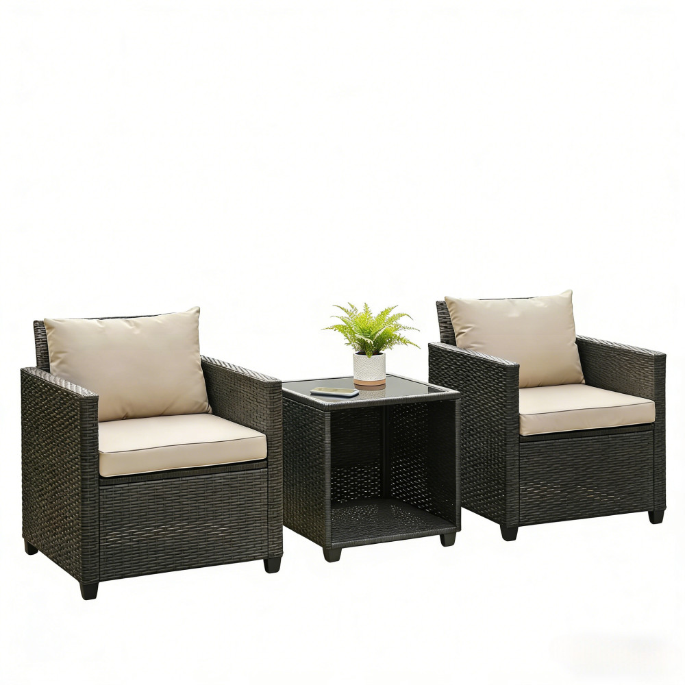3-Piece Outdoor Bistro Set with Cushions & Glass Table