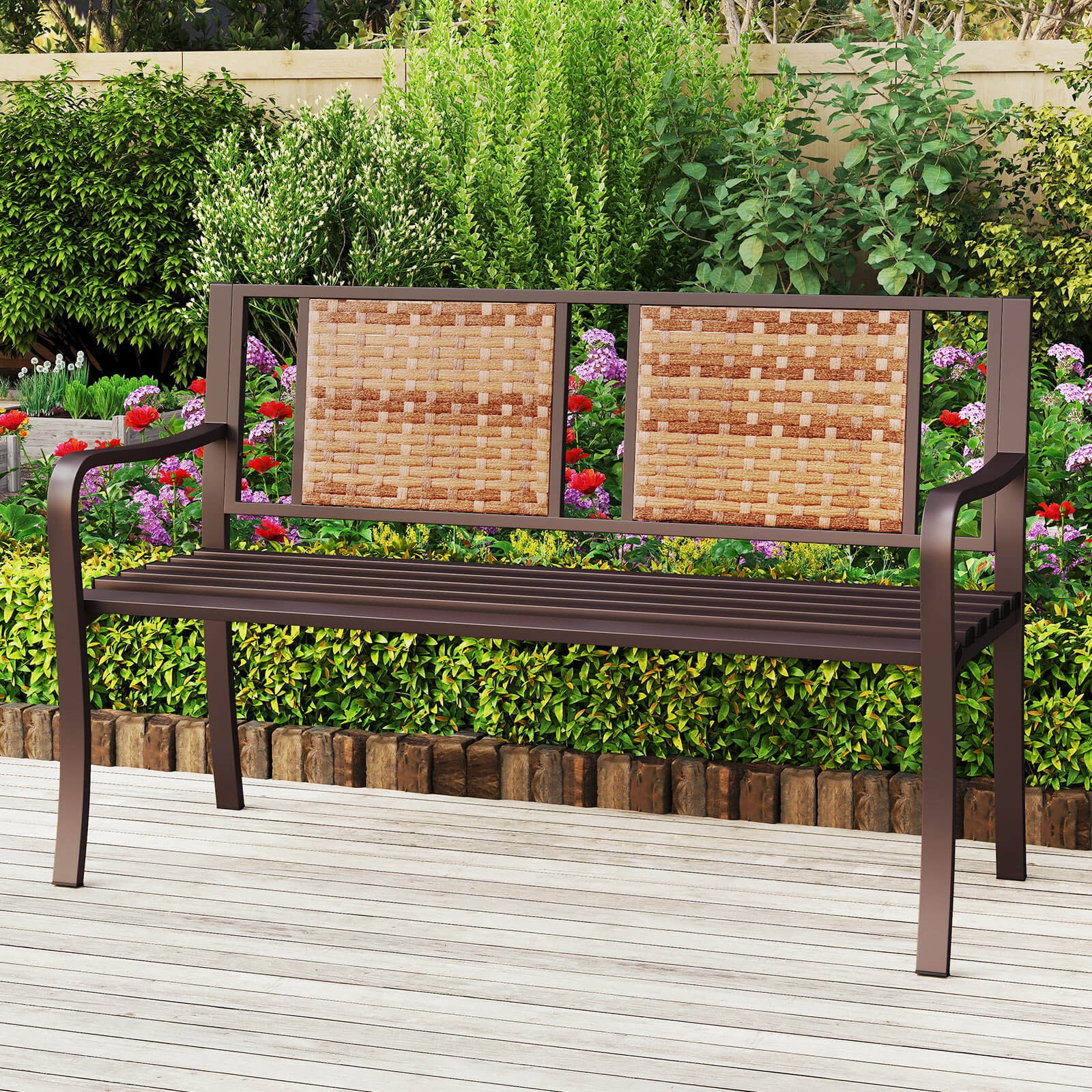 51″ Patio Metal Bench for 2-3 w/ Rattan Backrest & Curved Armrests for Backyard