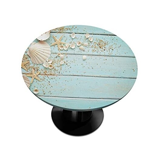 Beach Fitted Round Table Cloth Summer Wood Starfish Outdoor Table Cover with