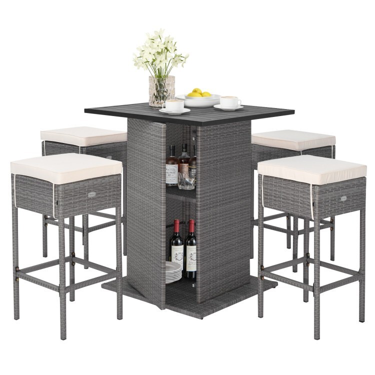 5 Pcs Outdoor Wicker Bar Table Set w/ Hidden Storage Shelf 4 Cushioned Bar Stool