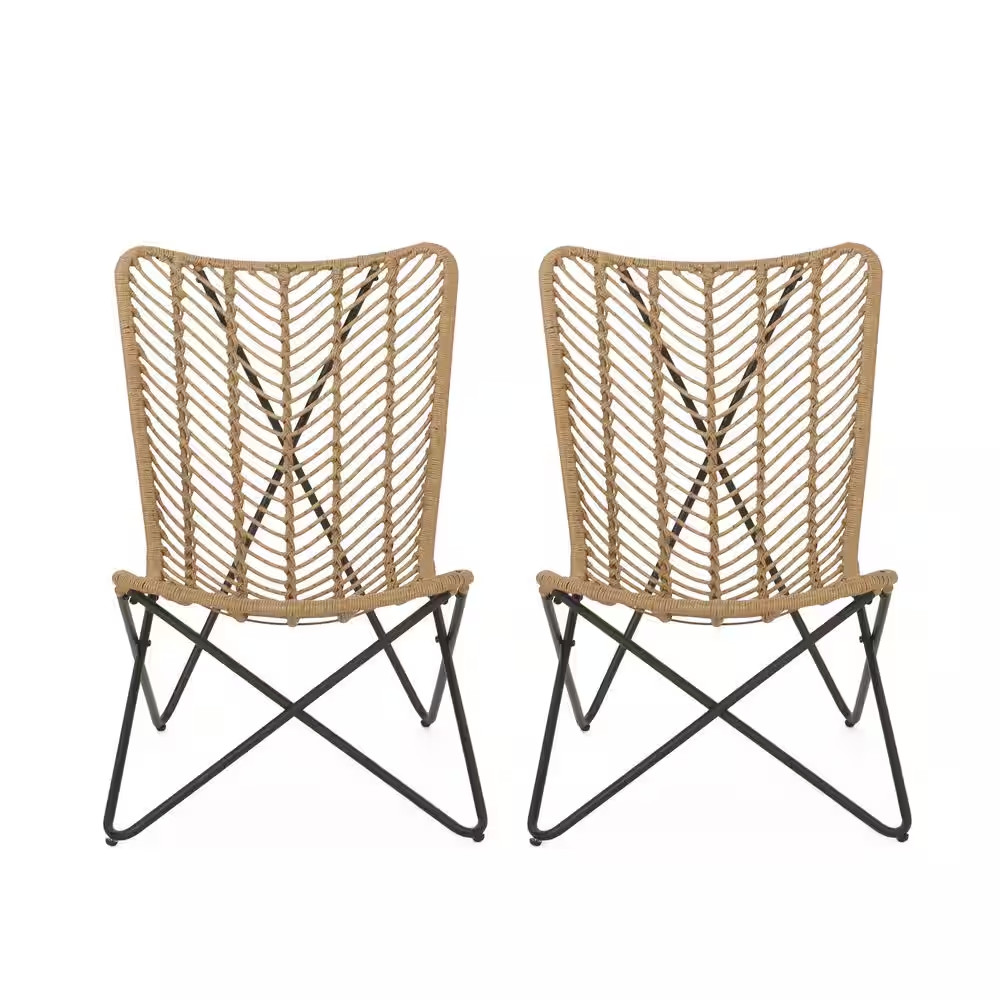 2-Pieces Light Brown PE Wicker and Metal Outdoor Lawn Chairs with Geometric Cros