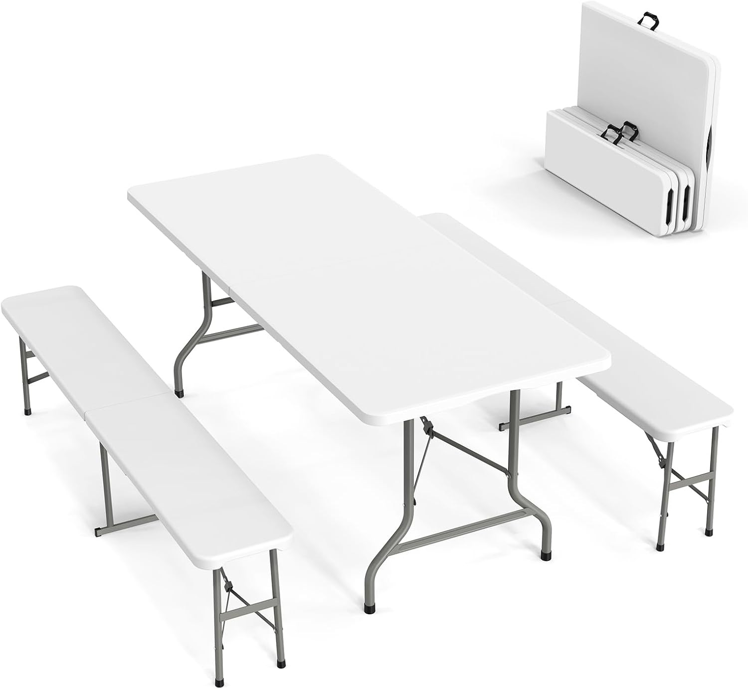 Picnic Table Set with 2 Benches, 6 Feet Camping Table Chair Set,3-Piece Folding