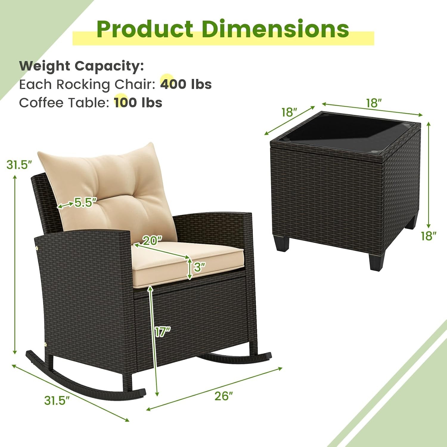 3-Piece Rocking Bistro Set Rattan Wicker Rocking Chairs Set of 2 w/Soft Cushions