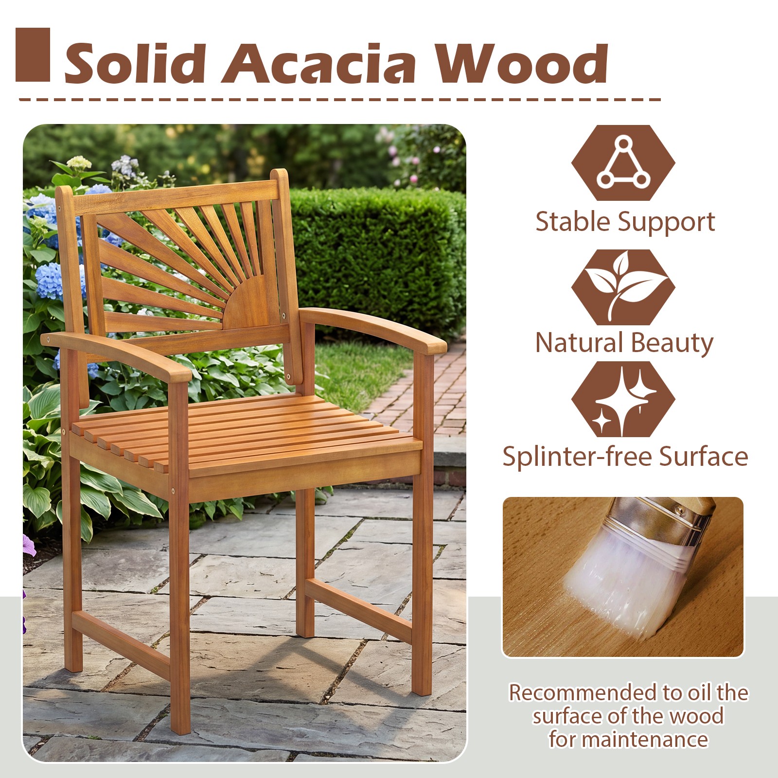 2PCS Outdoor Acacia Wood Dining Chairs, Patio Dining Chairs w/Backrests Armrests