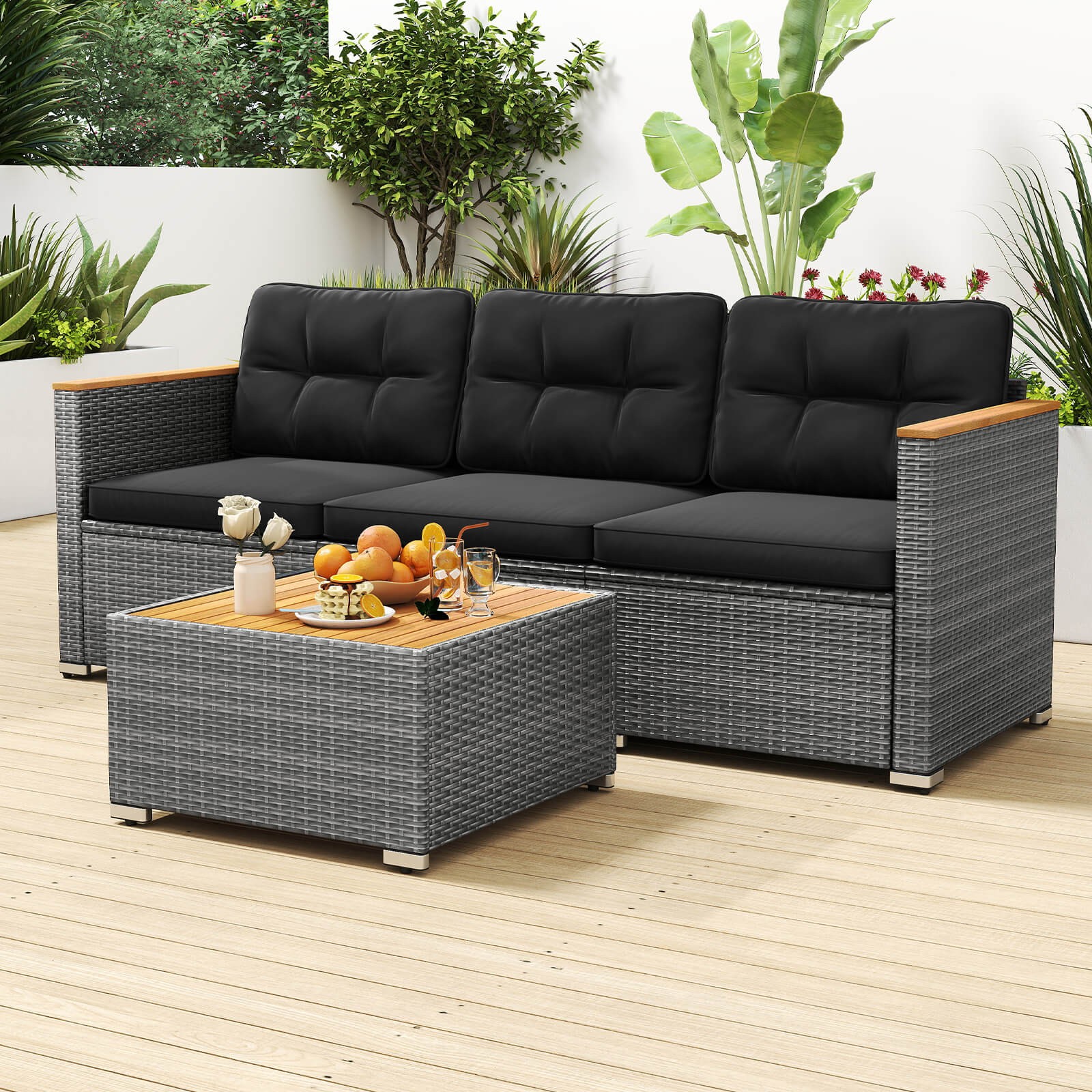 3-Seat Patio PE Rattan Wicker Couch Sofa with Deep Seating and Cushion for Porch
