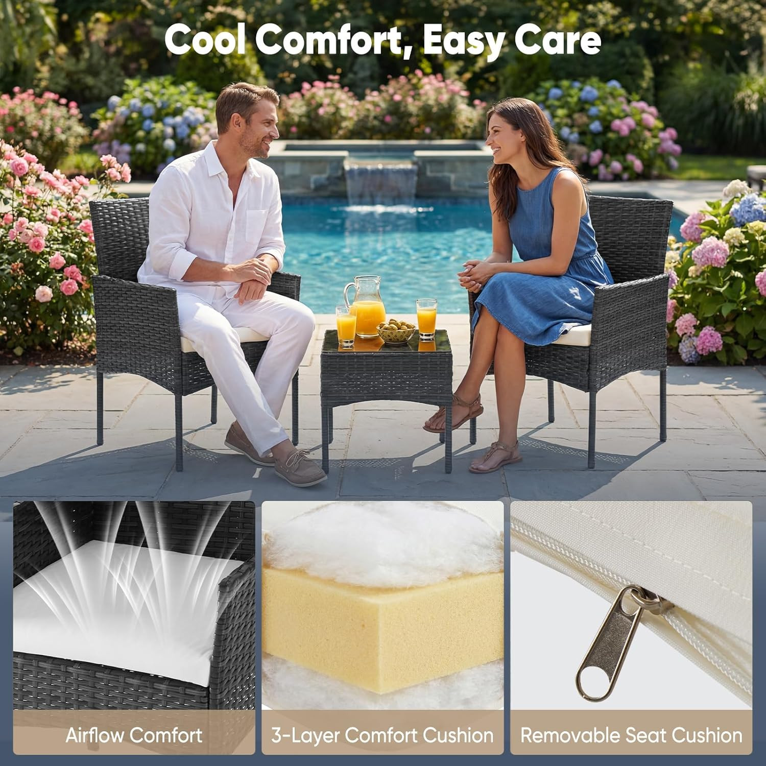 3-Piece Patio Furniture Set, All-Weather Outdoor Wicker Chairs with Removable Cu