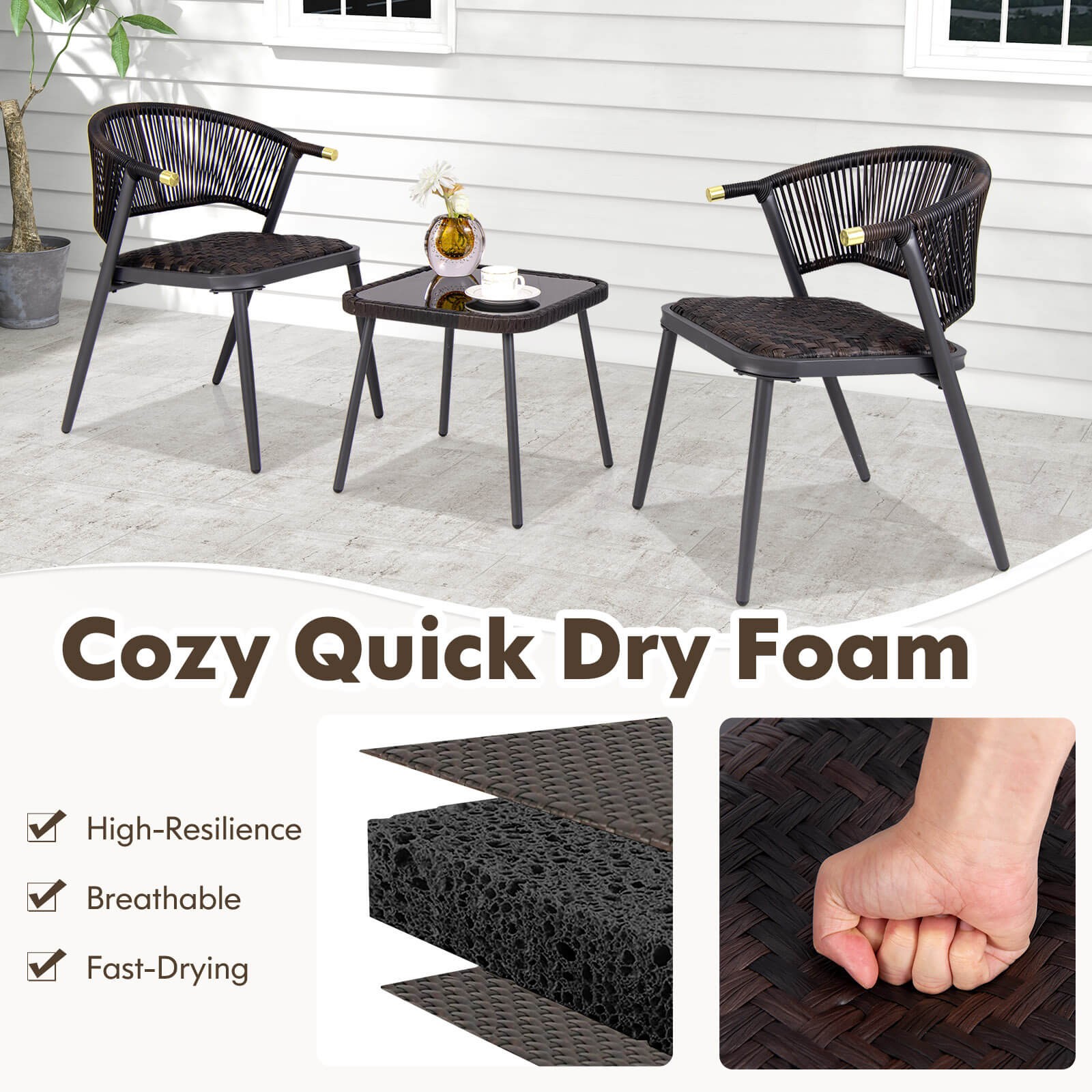 3 PCS Patio Rattan Furniture Set w/ Tempered Glass Tabletop Wicker Seat