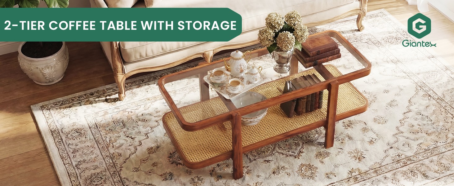 Rattan Coffee Table, 47.5″ Rec Solid Wood Tea Table