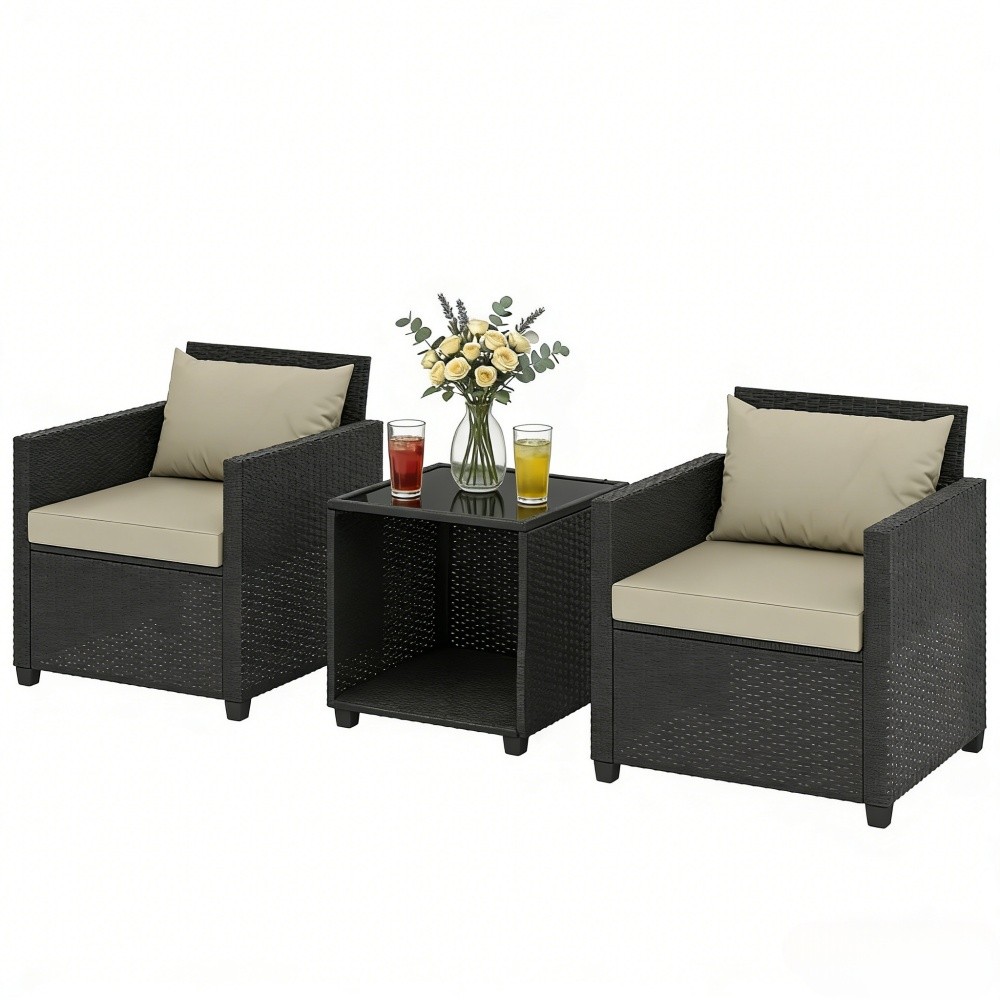 Rattan Sofa Set 1 Table and 2 Chairs with 3.1″ Thick Seat Cushions