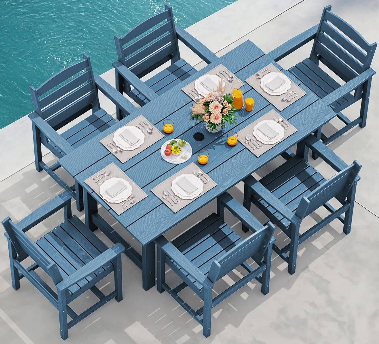 Stylish Blue 7-Piece Patio Dining Set with Umbrella Hole & 6 Chairs