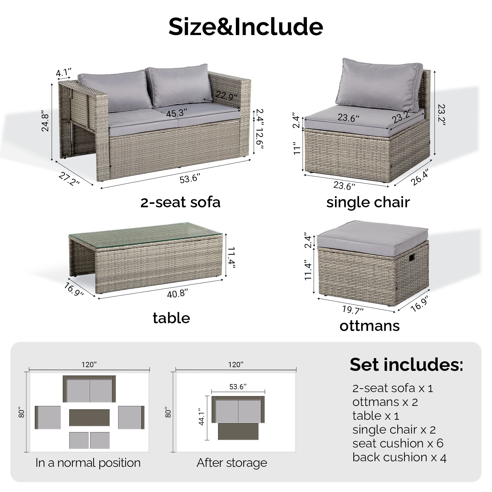 6 Piece Outdoor Patio Rattan Sectional Furniture Chair Set with Table, Footstool