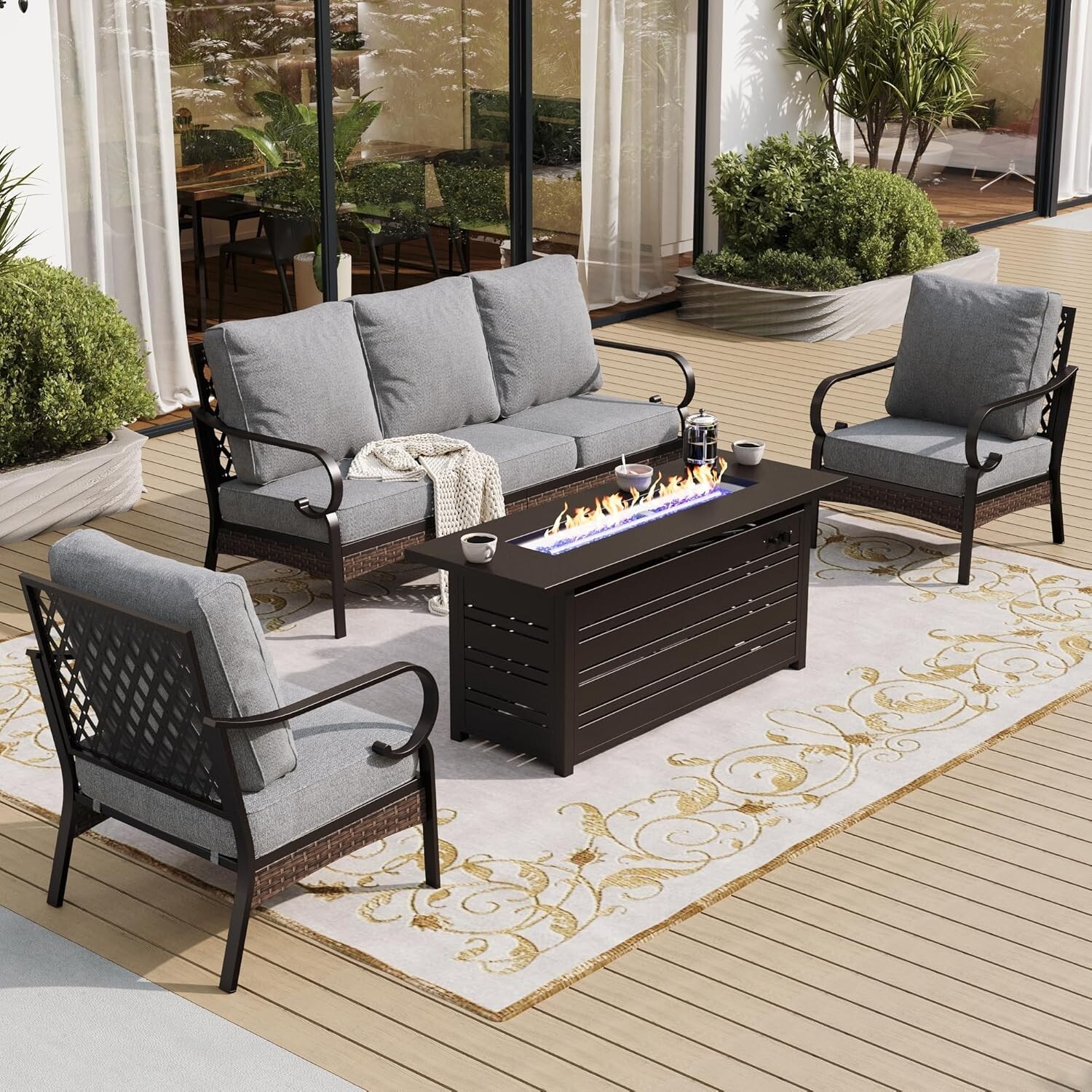 Outdoor Furniture Set Patio Sofa Chair Conversation Set with Fire Pit Table Gray