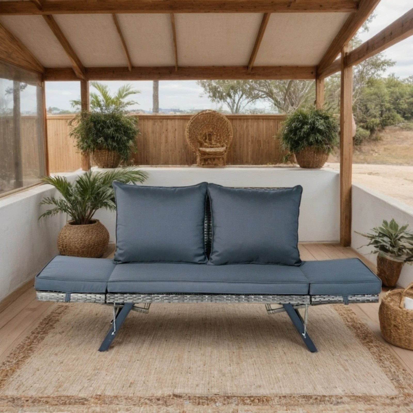 1 PCS Patio Wicker Foldable Side Bench Grey with Dark Grey Cushion