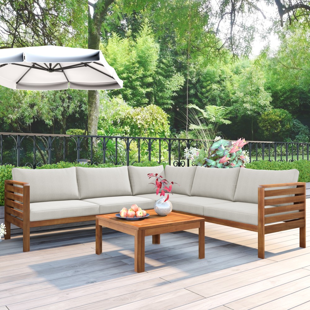 4PCS Acacia Wood Patio Sectional Sofa Set w/UV Protected Cushions & Coffee Table