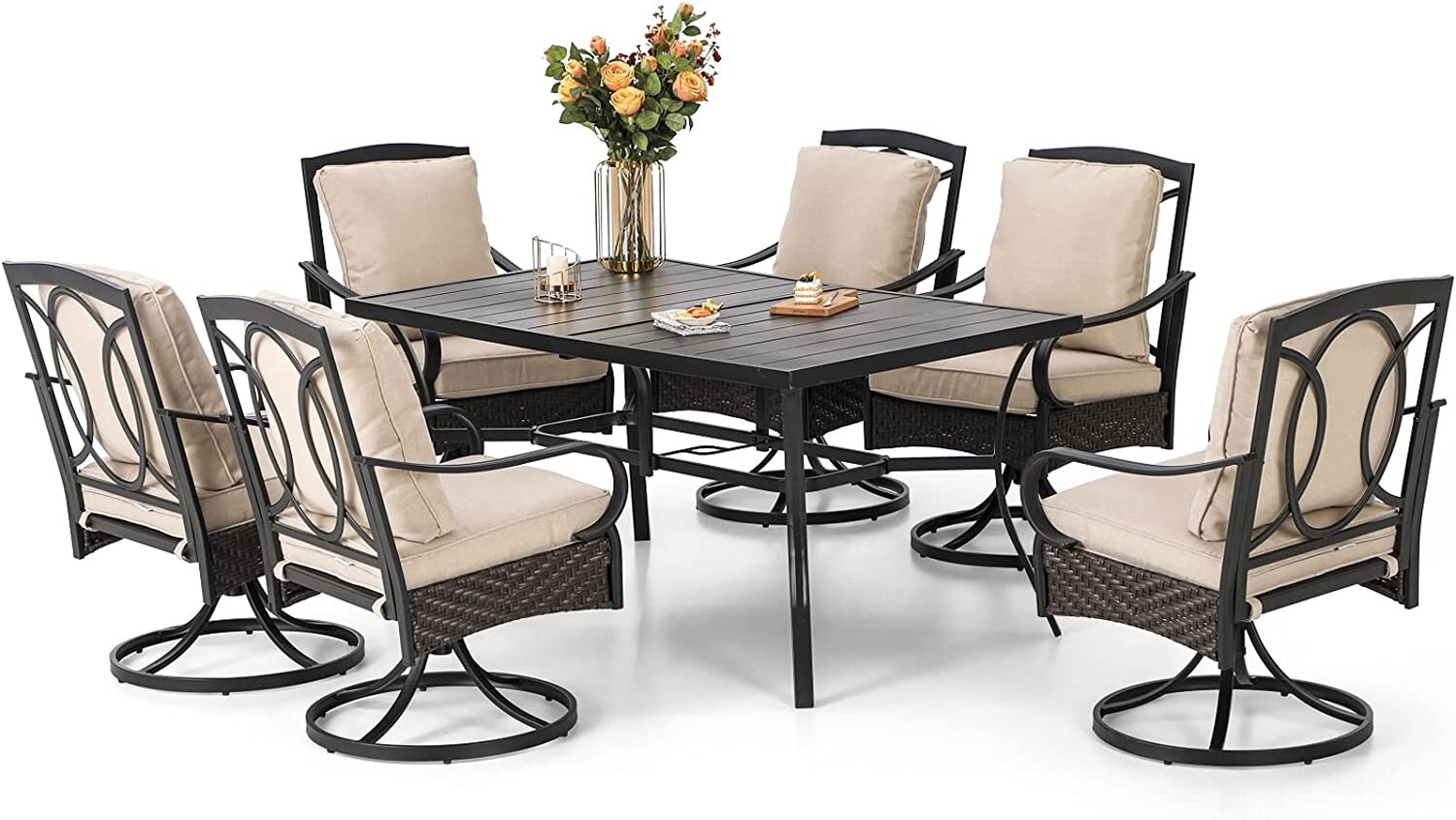 7 Piece Patio Furniture Set Swivel Rattan Chairs w/ Cushion Outdoor Dining Table
