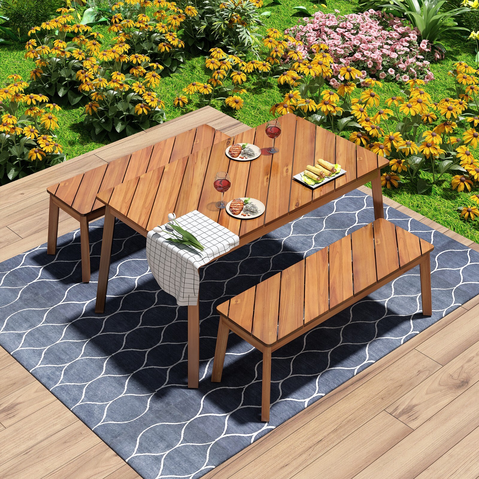 Acacia Wood Patio Dining Set Table Chair Conversation Set Outdoor Furniture
