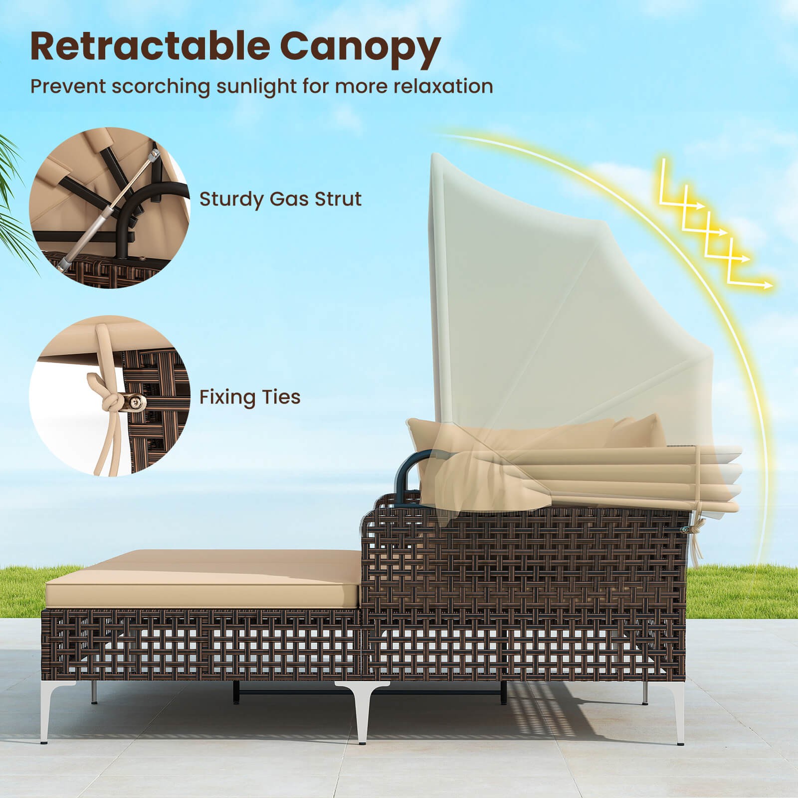 Outdoor Rattan Double Daybed w/ Retractable Canopy & Seat Back Cushions