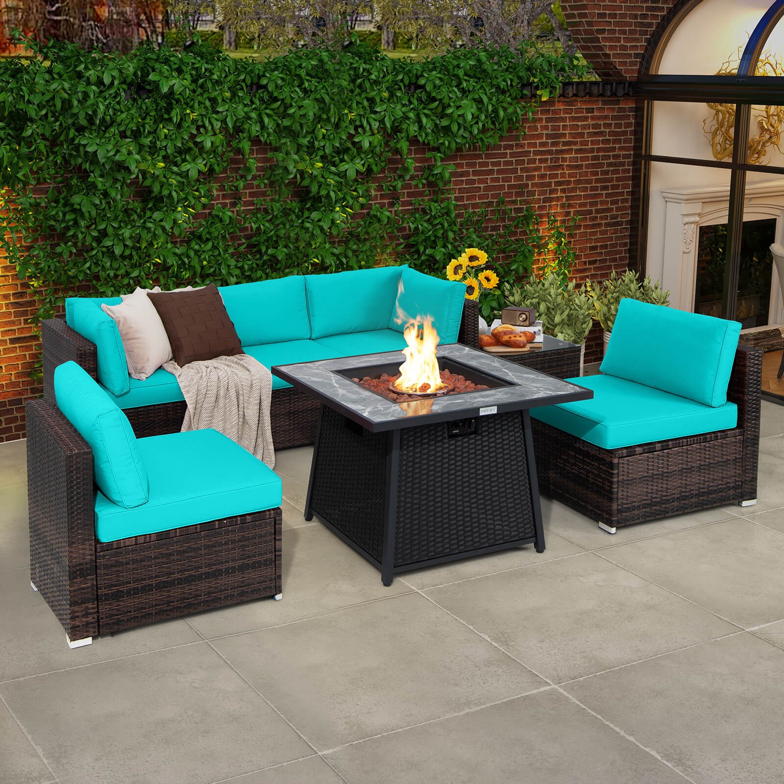 7 PCS Patio Furniture Set w/ Waterproof Cover & 35″ Propane Gas Fire Pit Table