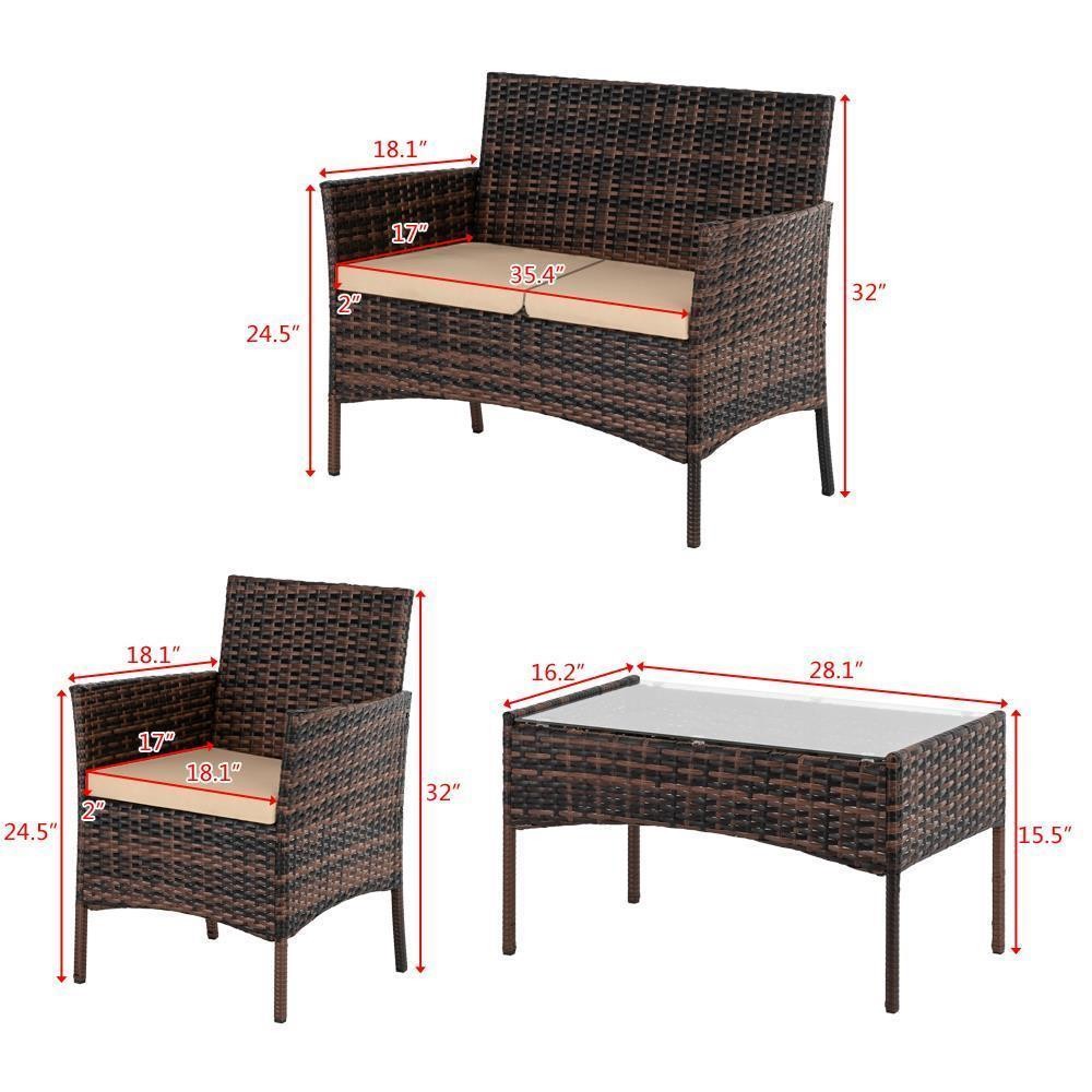 4 PCS Outdoor Patio Rattan Wicker Table Sofa Furniture Set with Cushion Brown