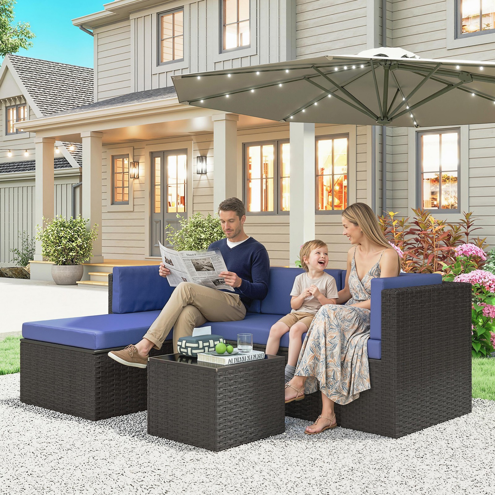 3 Piece Patio Furniture Set, Wicker Outdoor Furniture, Navy Blue