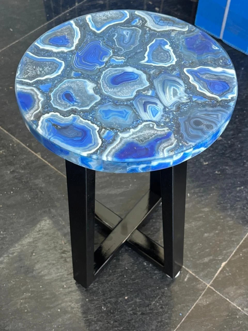 Round Handmade Patterned Blue Agate Corner Table, Luxury Accent Decor