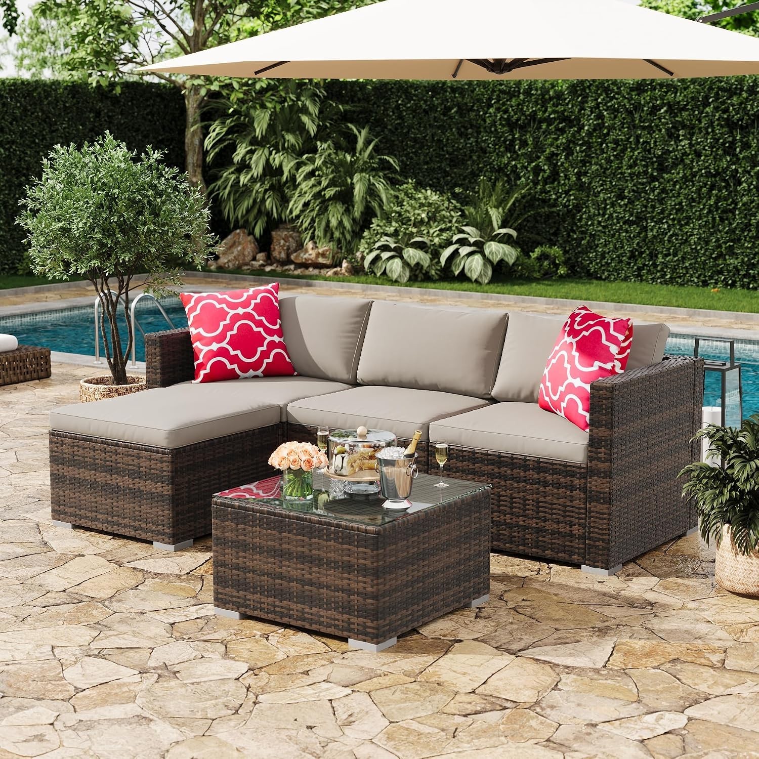 5pcs Outdoor Patio Sectional Sofa Set PE Rattan l-Shaped Conversation Furniture