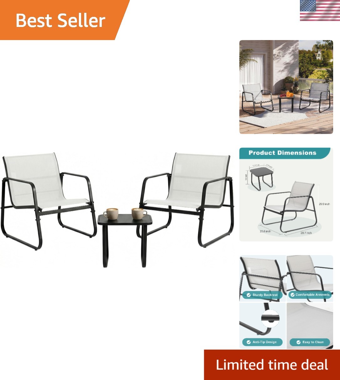 Modern 3-Piece Gray Patio Furniture Set with Table & Chairs for Outdoor Elegance