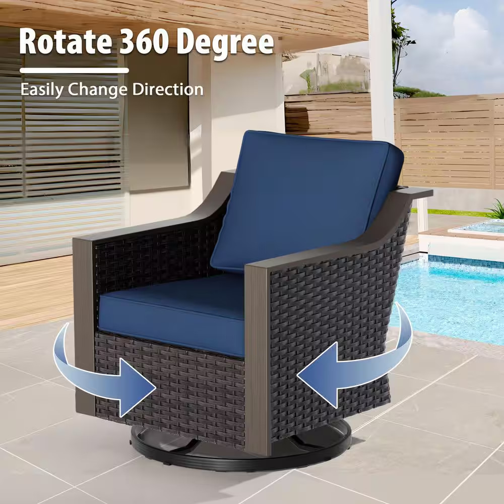 2-Piece Brown Wicker Outdoor Rocking Chair Patio Swivel Chair Set with Blue Cush