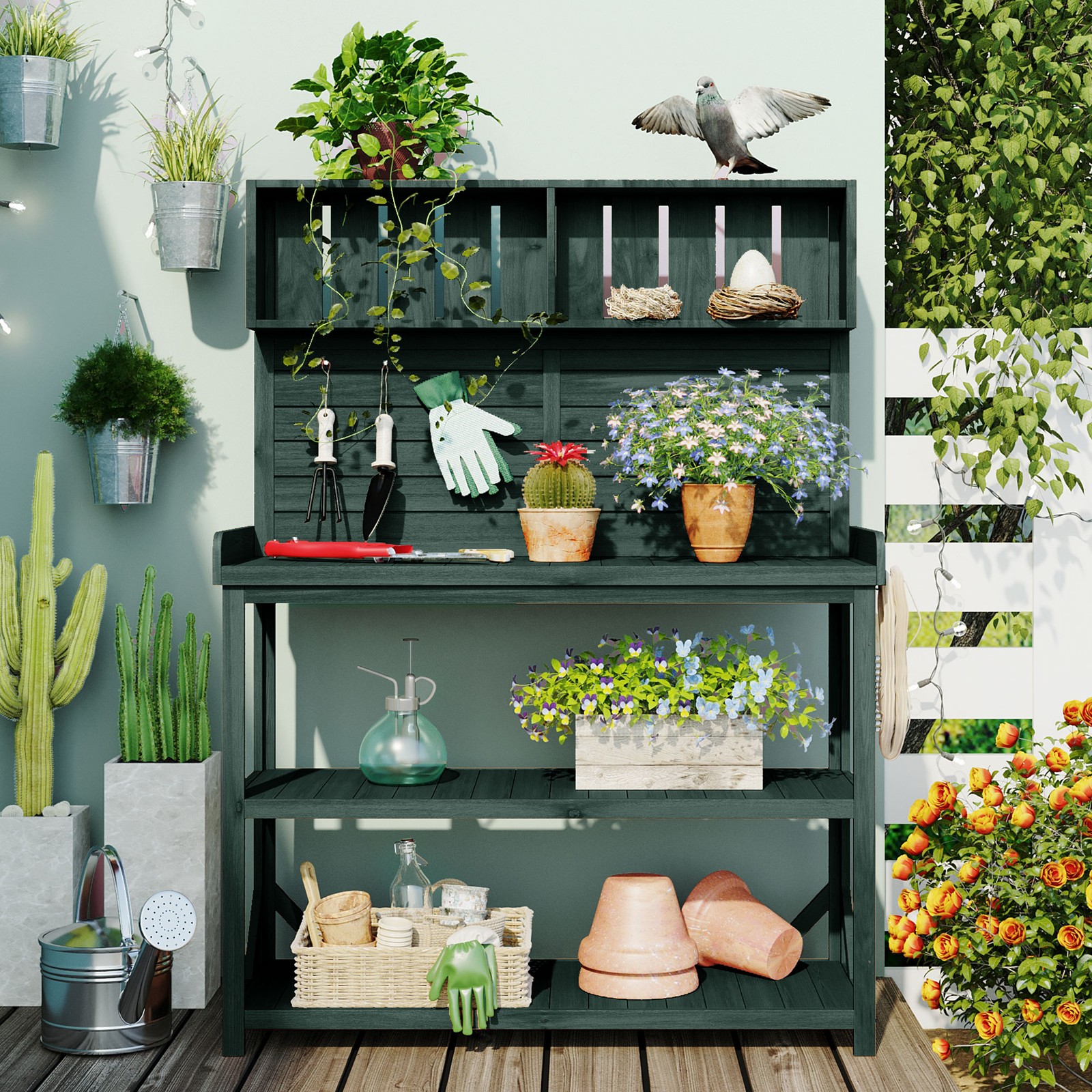 65″ Large Wooden Farmhouse Rustic Outdoor Potting Bench Table – Forest Green