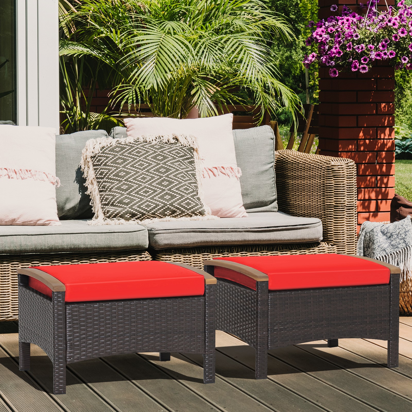 Patiojoy 2PCS Patio Ottoman w/ Sturdy Construction & Steel Frame Cushioned Red