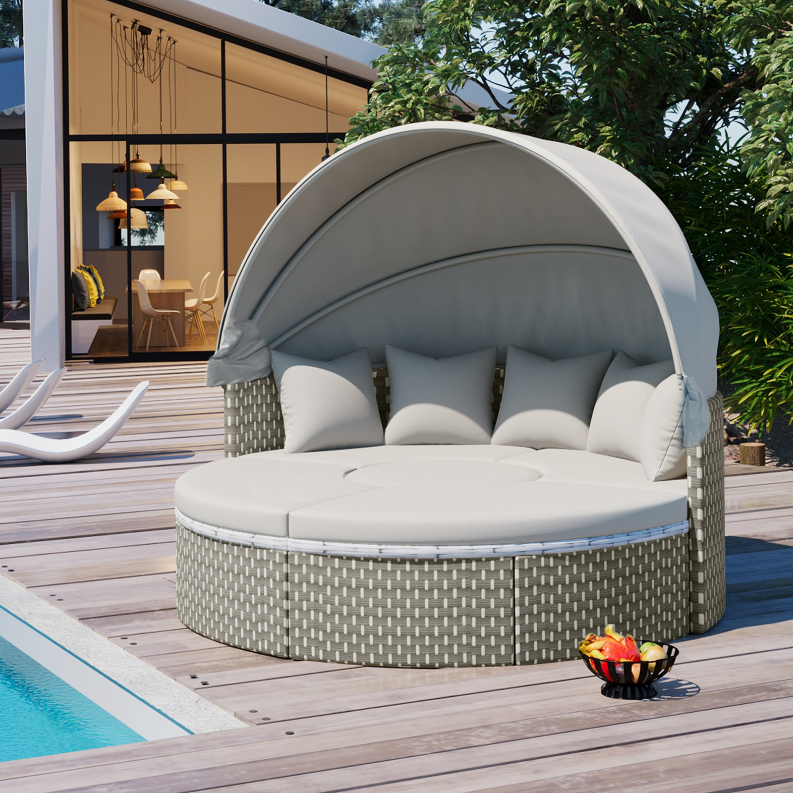 Patio Round Wicker Sunbed Daybed Sectional Sofa Set With Retractable Canopy Gray