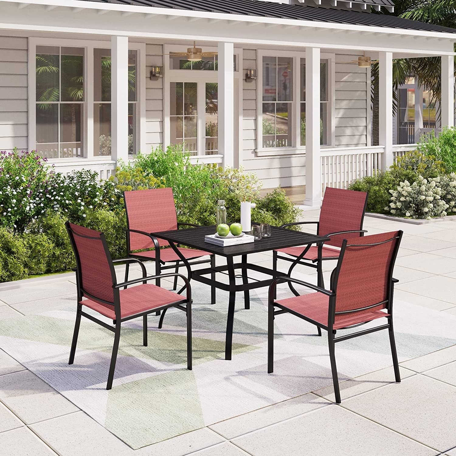5 Piece Patio Furniture Set Outdoor Dining Set with 4 Chairs Square Table Red