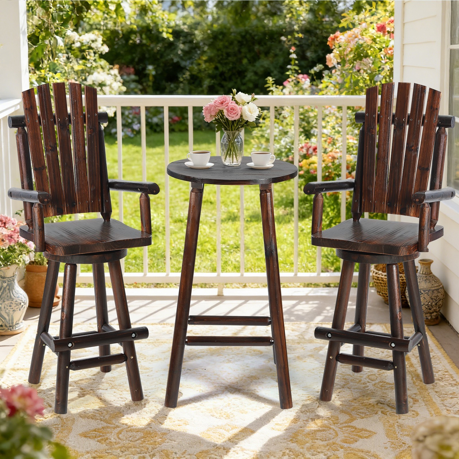3 Piece Outdoor Wood Bar Chair Set Patio Log High Bar Table & Swivel Bar Stools