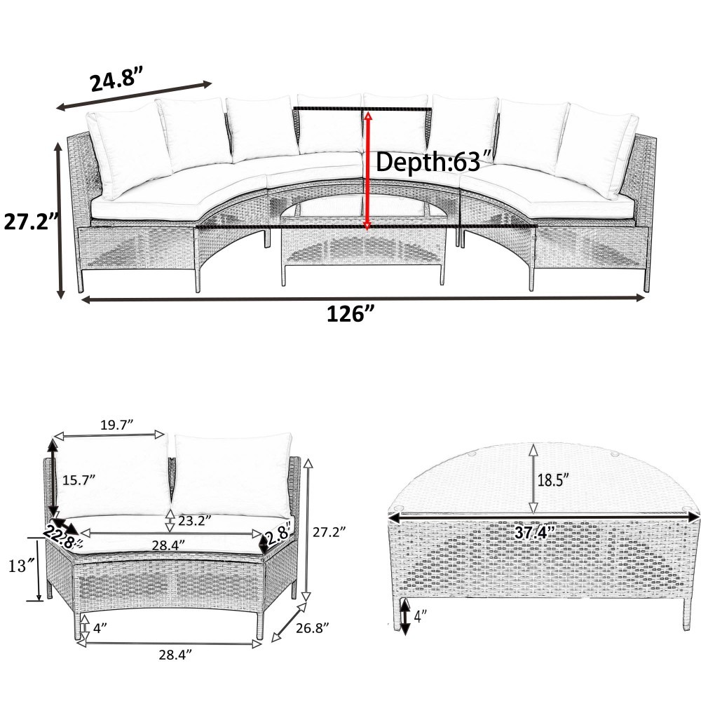 5-Piece All-Weather PE Rattan Patio Sectional Sofa Set with Glass Table