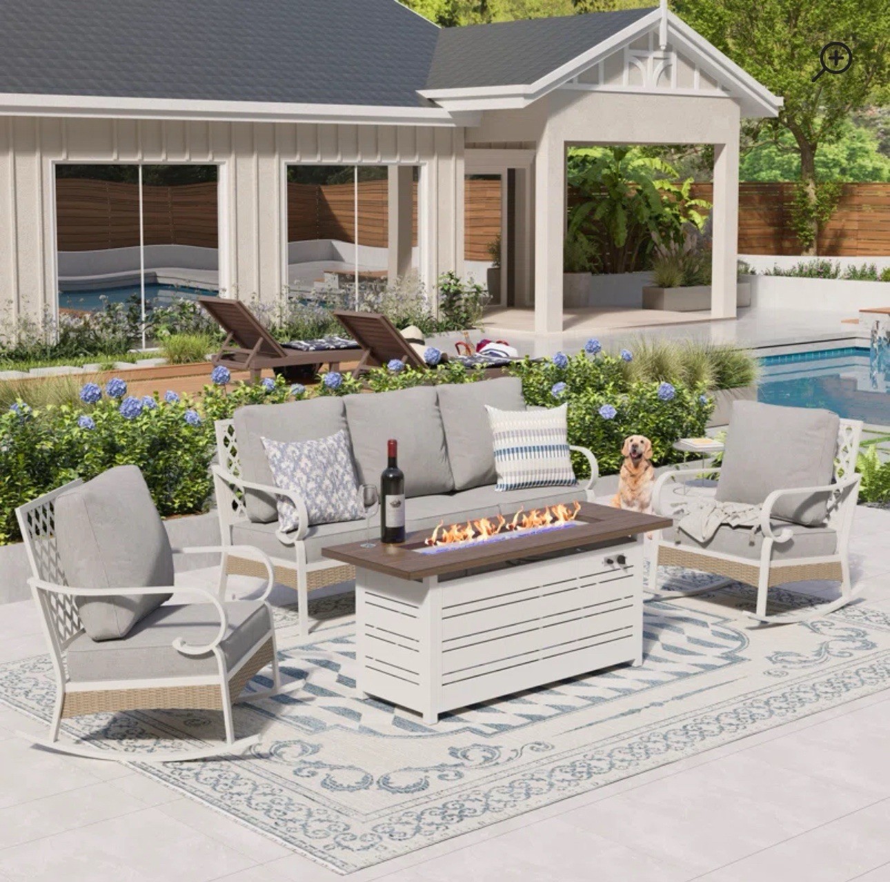 5-Person Sofa Seating Group With Rocking Lounge Chairs & Fire Pit Table