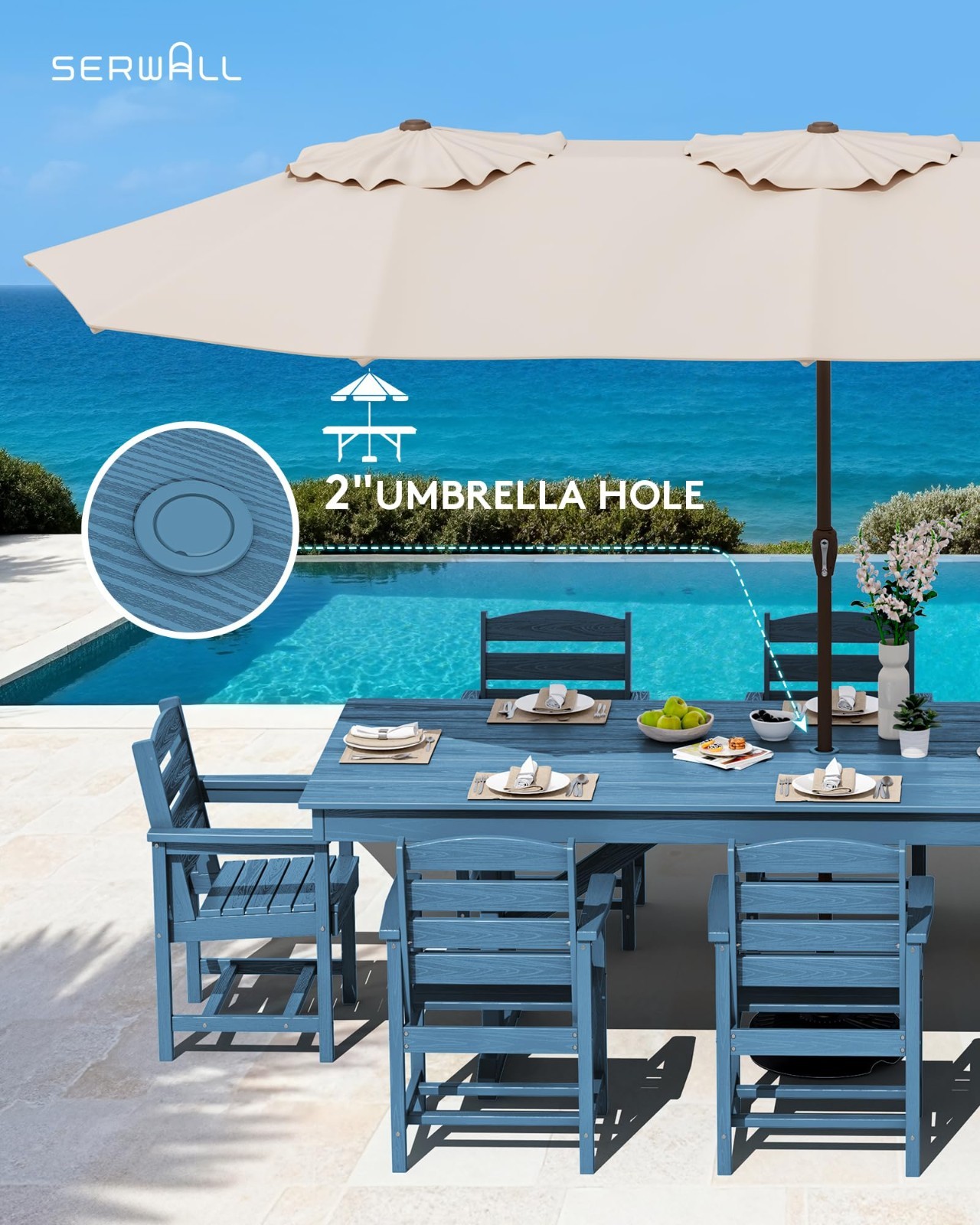 9-Piece 84″ Outdoor Dining Set for 8 – HDPE, Armchairs, Umbrella Hole, Blue