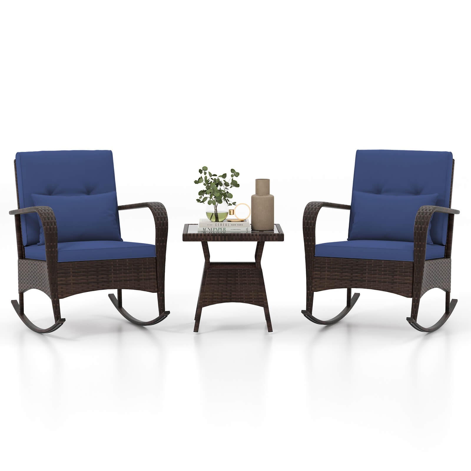 3 PCS Rocking Bistro Set w/Removable Cushions & Tempered Glass Top Coffee Table