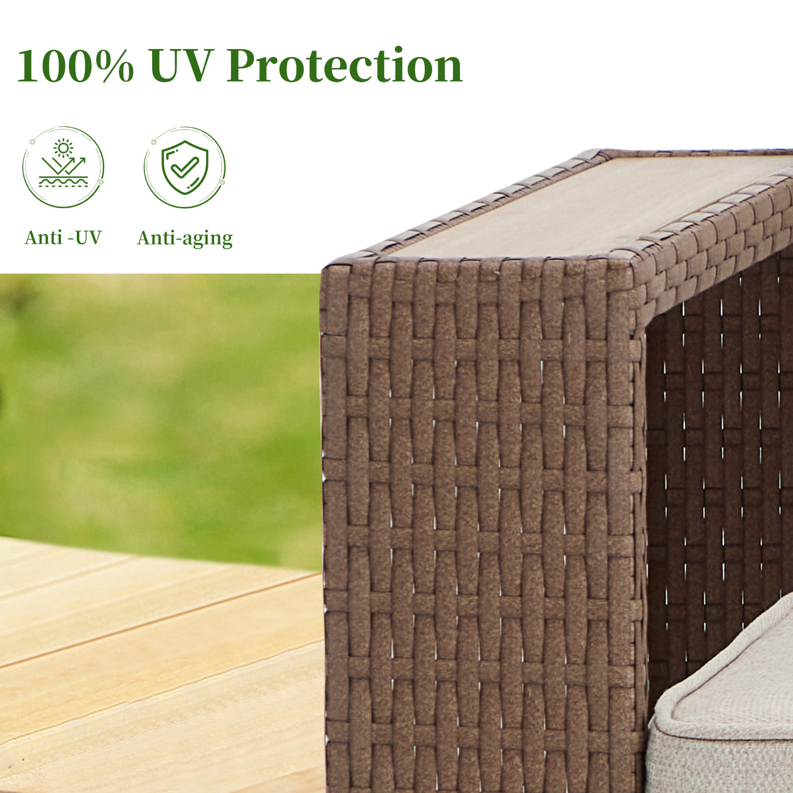 EBELLO Wicker Patio Conversation Set – 2 Seater Sofa, 2 Chairs and Coffee Table