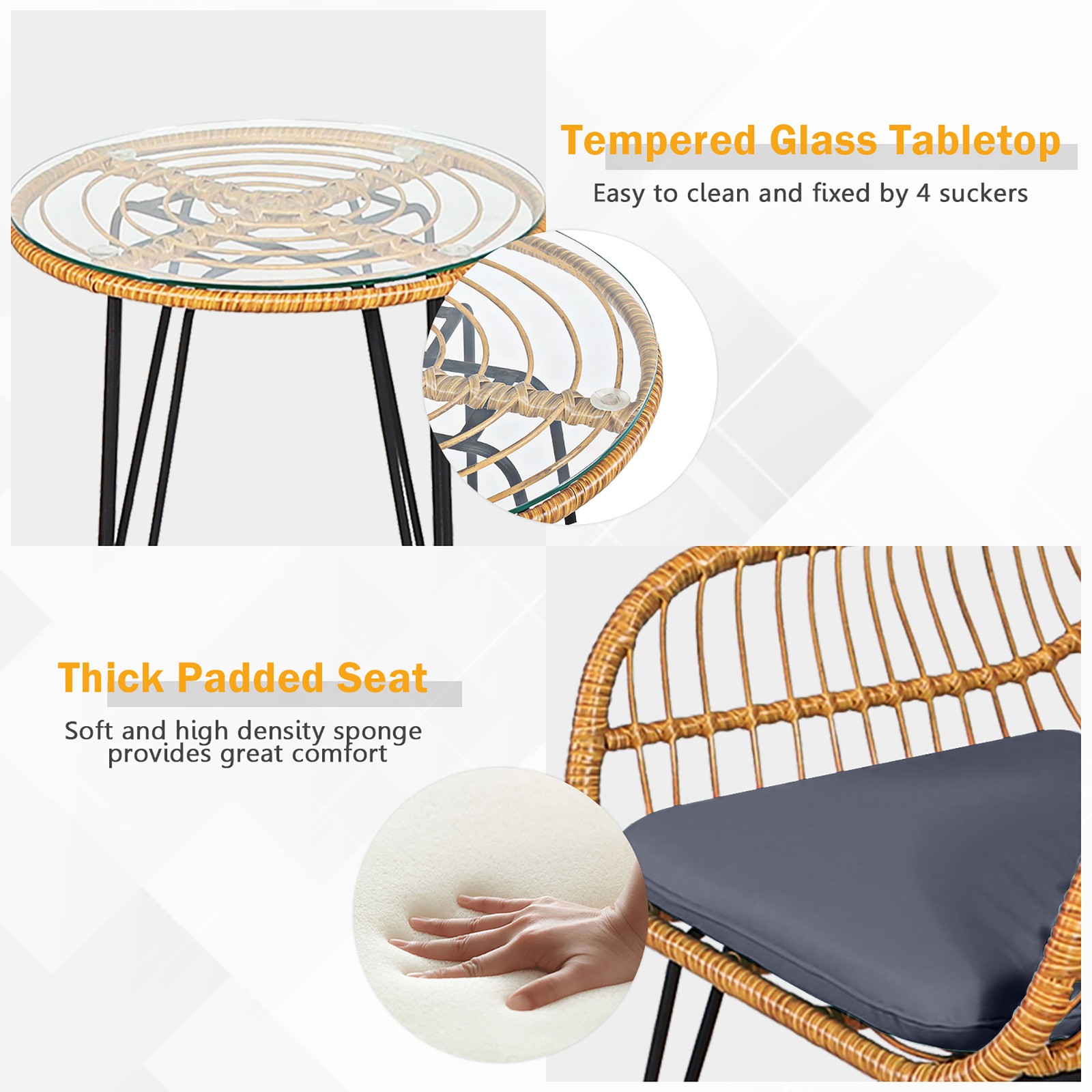 3PCS Rattan Patio Bistro Set Conversation Furniture Set w/ Grey Cushions