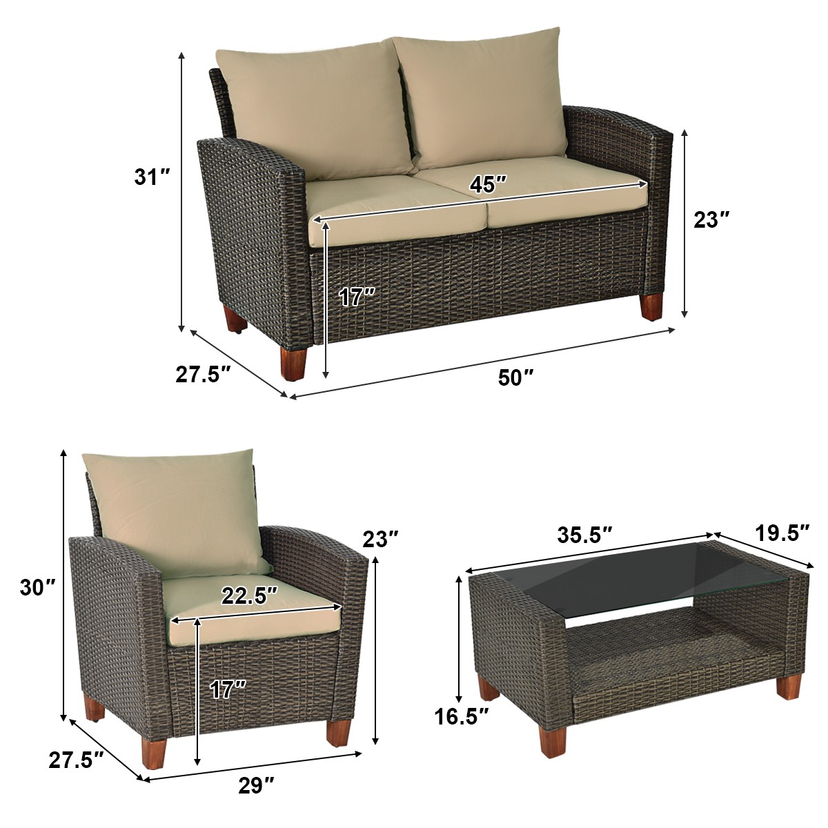 4 PCS Patio Rattan Furniture Set Solid Wood Leg Cushioned Sofa Set Steel Frame