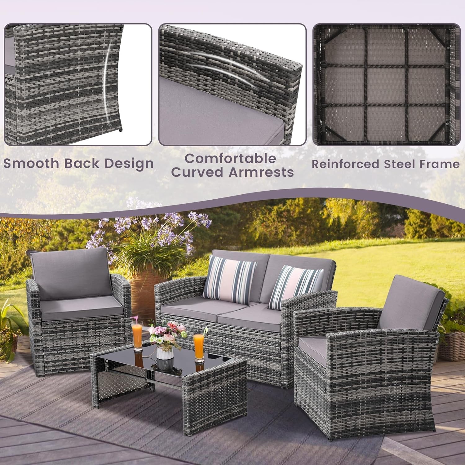 Elegant 4-Piece Light Grey Rattan Patio Conversation Set for Outdoor Living