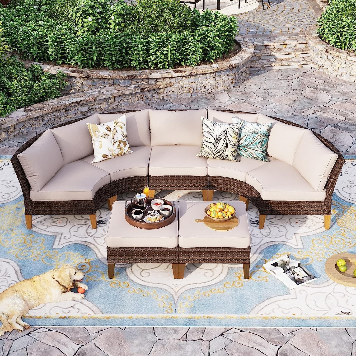 Outdoor Patio Furniture Sets Half-Moon Curved Sectional Sofa Rattan Wicker Set
