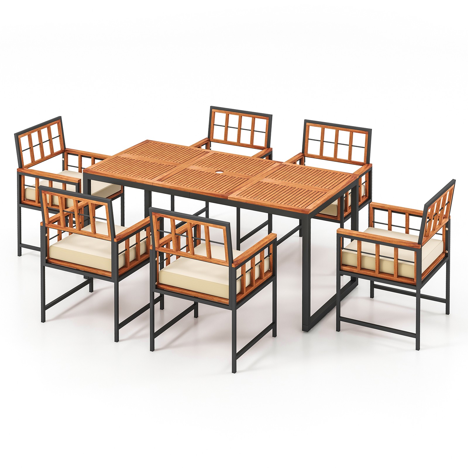 7Pcs Patio Acacia Wood Dining Set Soft Cushions Umbrella Hole Natural
