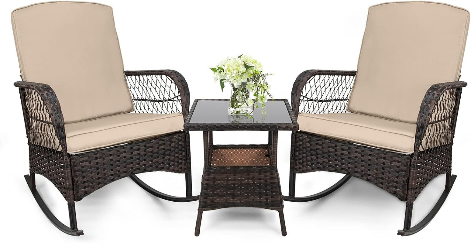 3 Pcs Rocking Bistro Set Conversation Chairs PE Wicker Outdoor Rocking Chairs &