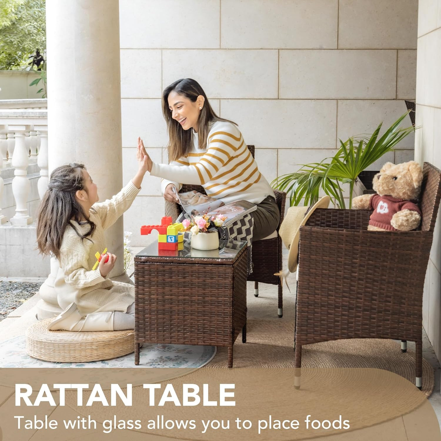 Patio Porch Furniture Sets 3 Pieces PE Rattan Wicker Chairs with Table Outdoor G
