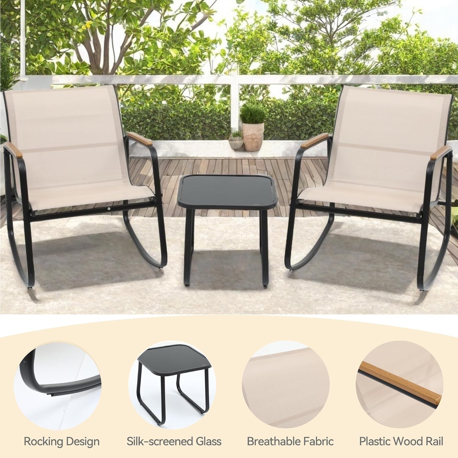 Patio Rocking Bistro Set, 3 Piece Durable Textilene Outdoor Furniture Set