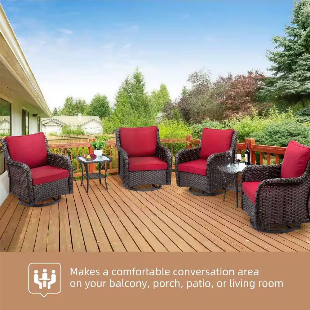 3-Piece Wicker Patio Swivel Outdoor Rocking Chair Set with Red Cushions and Tabl