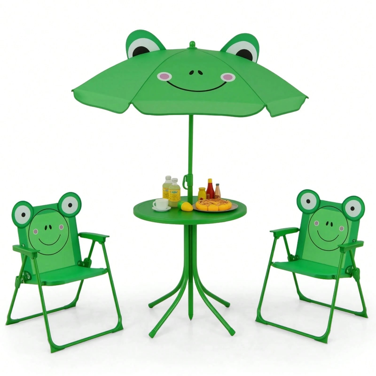 Kids Patio Picnic Table 2 Folding Chairs Set w/ Adjustable Umbrella Green Frog