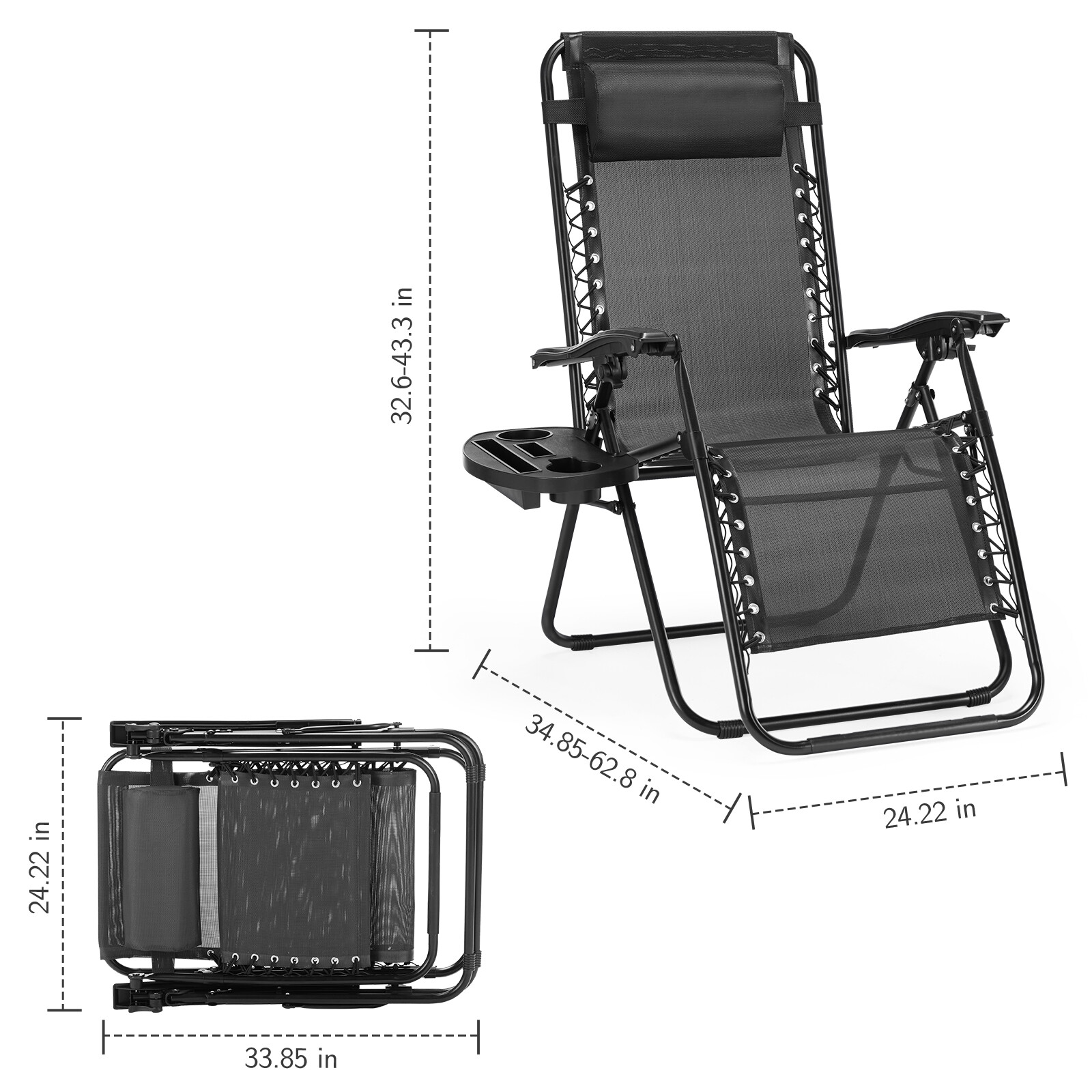 Portable Zero Gravity Lounge Chairs 2-Set Adjustable Pillow & Cup Holder Trays